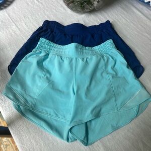 Lululemon Royal Blue and Aqua Blue 4 in lined Hotty Hot Shorts